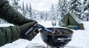 Hands in winter gloves holding an ergonomic butane fire starter to light an outdoor barbecue in winter.