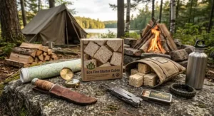Box of eco fire starter cubes for BBQ and camping displayed alongside wilderness survival supplies.