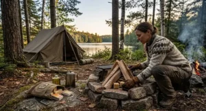 Camp cook placing fire starter cubes under logs to prep a cooking fire while camping by a Canadian lake.