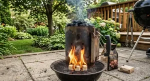 Fast-lighting fire starter cubes helping ignite charcoal for outdoor cooking on a patio.