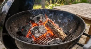 Hot glowing charcoal briquettes ignited quickly with organic fire starter sticks