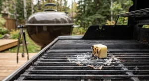 Close-up of a synthetic fire starter cube leaving chemical ash residue on a Canadian barbecue grill.