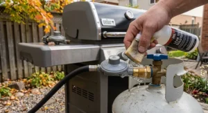 Performing a soap water bubble leak test on a newly installed gas regulator for BBQ.