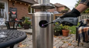 Heavy-duty long-reach BBQ lighter igniting an outdoor patio heater for cool Canadian autumn evenings.