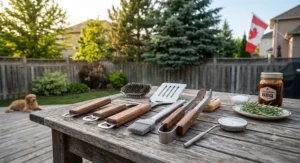 Heavy-duty stainless steel spatulas and tongs flipping burgers on a hot outdoor grill in Canada.