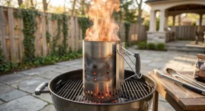 Heat rising through a stainless steel charcoal chimney starter during an outdoor grilling session.