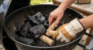 Placing eco-friendly fire starter sticks under hardwood lump charcoal in a kettle barbecue