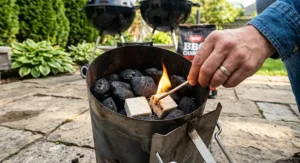 Close-up of a match igniting a fire starter cube inside a charcoal chimney starter on a patio.