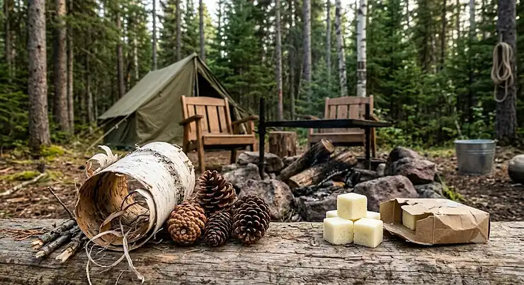 Comparison of natural fire starters like pine cones and birch bark next to chemical fire starter cubes on a Canadian campsite.