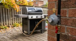 A natural gas regulator for BBQ attached to a home patio utility line in Canada.