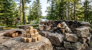Stack of natural wax and wood fibre fire starter cubes beside a stone outdoor fire pit in Canada.
