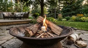 White paraffin wax fire starter cube lit inside an outdoor backyard fire pit in Canada.
