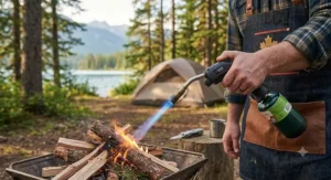 Compact handheld propane torch lighter ideal for outdoor grilling and campfire cooking during Canadian wilderness camping trips.