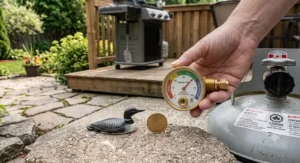A compact barbecue propane gauge shown beside a Canadian loonie coin to demonstrate size and affordability under $30 CAD.