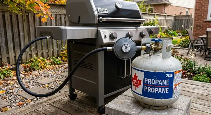 A standard propane gas regulator for BBQ connected to a Canadian LP propane tank outdoors.