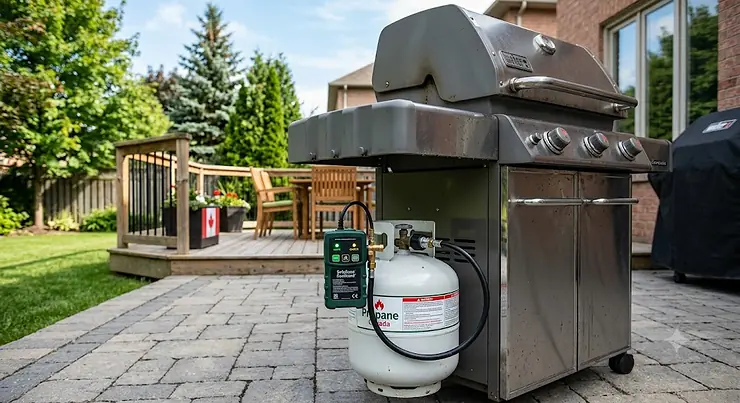 Propane leak detector installed on a liquid propane tank under a home BBQ grill on a Canadian backyard patio