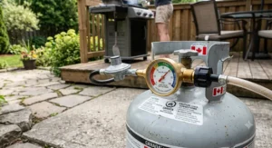 An affordable propane tank gauge attached to a standard 20 lb grill cylinder on a patio, under $30 CAD.