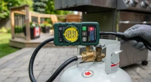 Close-up of a high-precision propane leak detector shut-off indicator attached to a barbecue cylinder valve