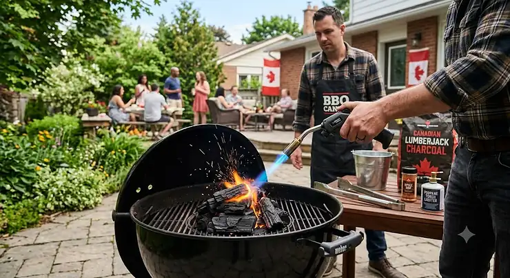 A Canadian back garden barbecue setup featuring a high-output propane torch lighter igniting charcoal on an outdoor grill.