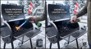 Visual comparison demonstrating a clean-burning propane torch lighter for grilling versus chemical charcoal lighter fluid.