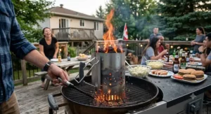 Quick lighting charcoal chimney starter under 40 CAD sparking flames during a Canadian backyard BBQ session.