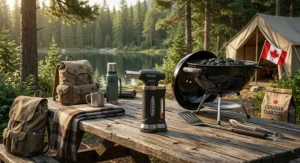 A durable butane fire starter packed alongside essential Canadian camping gear and a charcoal BBQ grill.