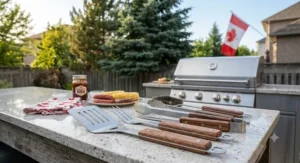Rust-resistant stainless steel bbq tool set prepared for a summer holiday cookout in Canada.