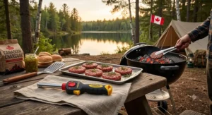 A safe child-resistant butane fire starter lying next to fresh burgers ready for outdoor BBQing.