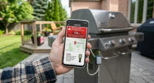 Smartphone displaying a real-time gas leak hazard alert notification from a smart home BBQ propane sensor