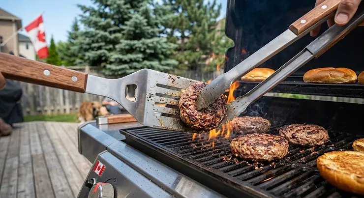 Stainless steel bbq tool set neatly arranged on a rustic wooden patio table in a Canadian backyard.