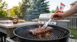 Stainless steel basting brush from a grilling kit applying glaze to ribs on a charcoal barbecue.