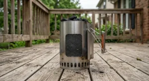 Durable stainless steel charcoal chimney starter priced under 40 CAD resting on an outdoor wooden deck.
