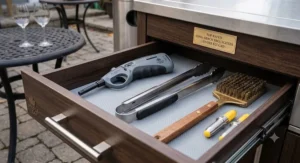 Top-rated long-reach BBQ lighter under $25 CAD stored neatly alongside barbecue tongs and grilling accessories.