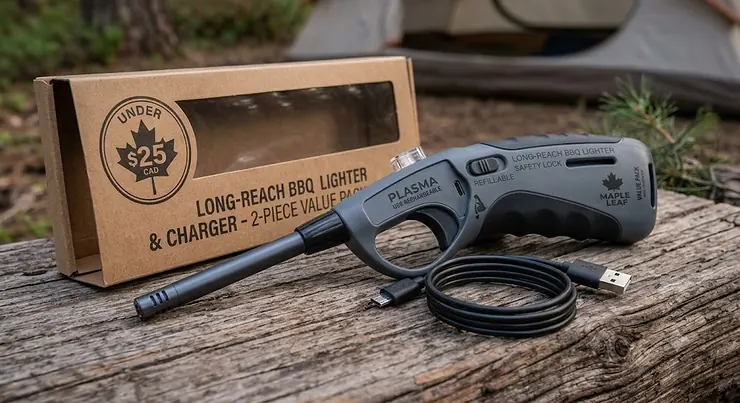 USB rechargeable long-reach plasma lighter placed beside its micro-USB charging cable, offered under $25 CAD.