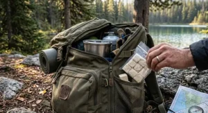 Waterproof fire starter cubes being packed into a Canadian backcountry camping backpack.