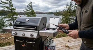 Windproof electric arc long-reach lighter being used on a windy Canadian patio to light a propane barbecue grill.