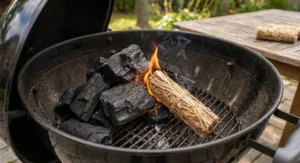 Starting a charcoal grill in winter using reliable fire starter sticks in a snowy backyard
