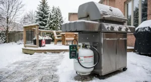 Outdoor propane leak detector functioning on a home BBQ grill during Canadian winter conditions