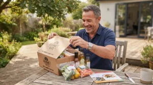 A dad unboxing a premium bbq gift set for dad on a sunny backyard patio in Canada.