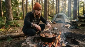 A father cooking steaks outdoors using a compact bbq gift set for dad on a camping trip.