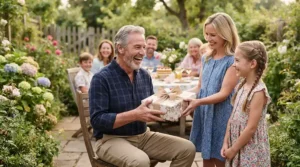 A happy father holding a luxury bbq gift set for dad during a family Father's Day gathering.