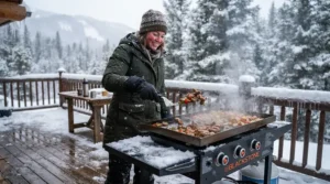 A dad using tools from a bbq gift set for dad while winter grilling on a snow-dusted balcony.
