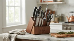 An elegant wooden boxed bbq gift set for dad displayed proudly on an outdoor kitchen counter.