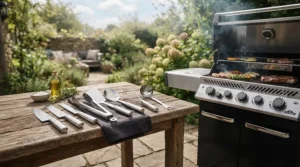 A comprehensive bbq tool set for gas grills laid out on a clean side table during a backyard patio gathering.