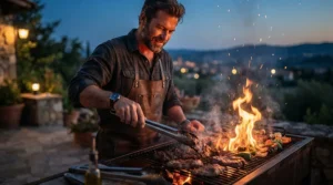 Grilling delicious steaks at dusk using a reliable bbq tool set for gas grills on a suburban deck.