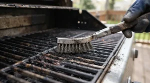 A specialized bbq tool set for gas grills featuring a heavy-duty brush for thorough burner maintenance.