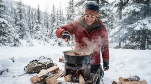 A dedicated grill master using a sturdy bbq tool set for gas grills during a chilly winter cookout.