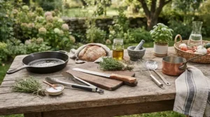 Complete bbq tool set for outdoor kitchens paired with essential accessories on a cedar deck in Halifax.