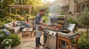 Host using a bbq tool set for outdoor kitchens during a family weekend gathering in a spacious Calgary backyard.