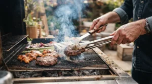 A chef handling a heavy-duty bbq tool set for outdoor kitchens over an open flame in a rural cottage setting.